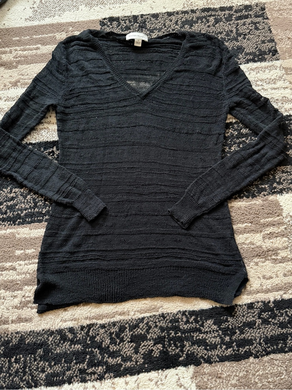 Women’s White + Warren Black V-Neck Lightweight Mesh Long sleeve